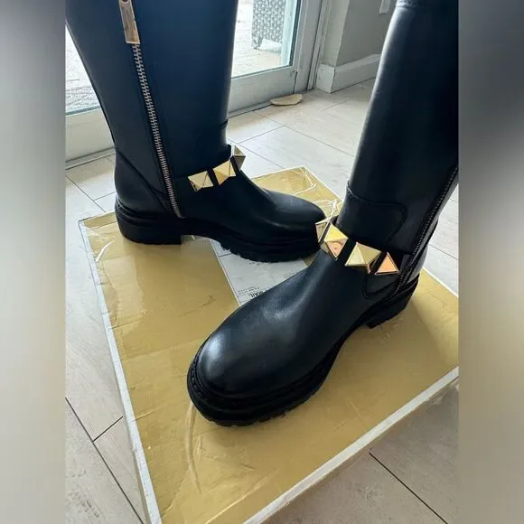 NEW Michael Kors Layton Leather boots with  gold studs short booties sz 6.5 - Picture 10 of 16